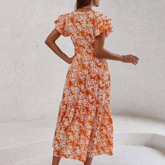 Boho Blue Floral V neck Butterfly Sleeve Dress - Picture 5 of 10